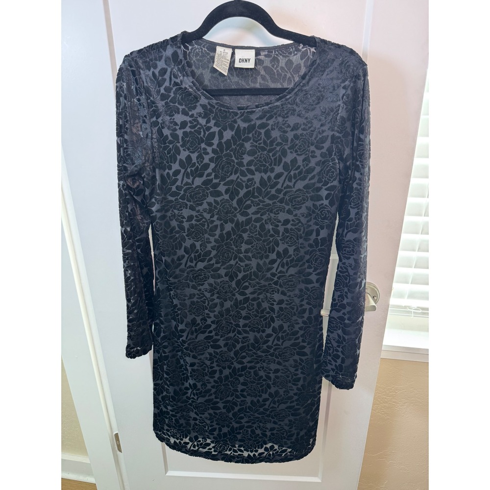 DKNY Black Burnout Velvet Floral Mesh Mini Dress Long Sleeve Romantic Goth Small